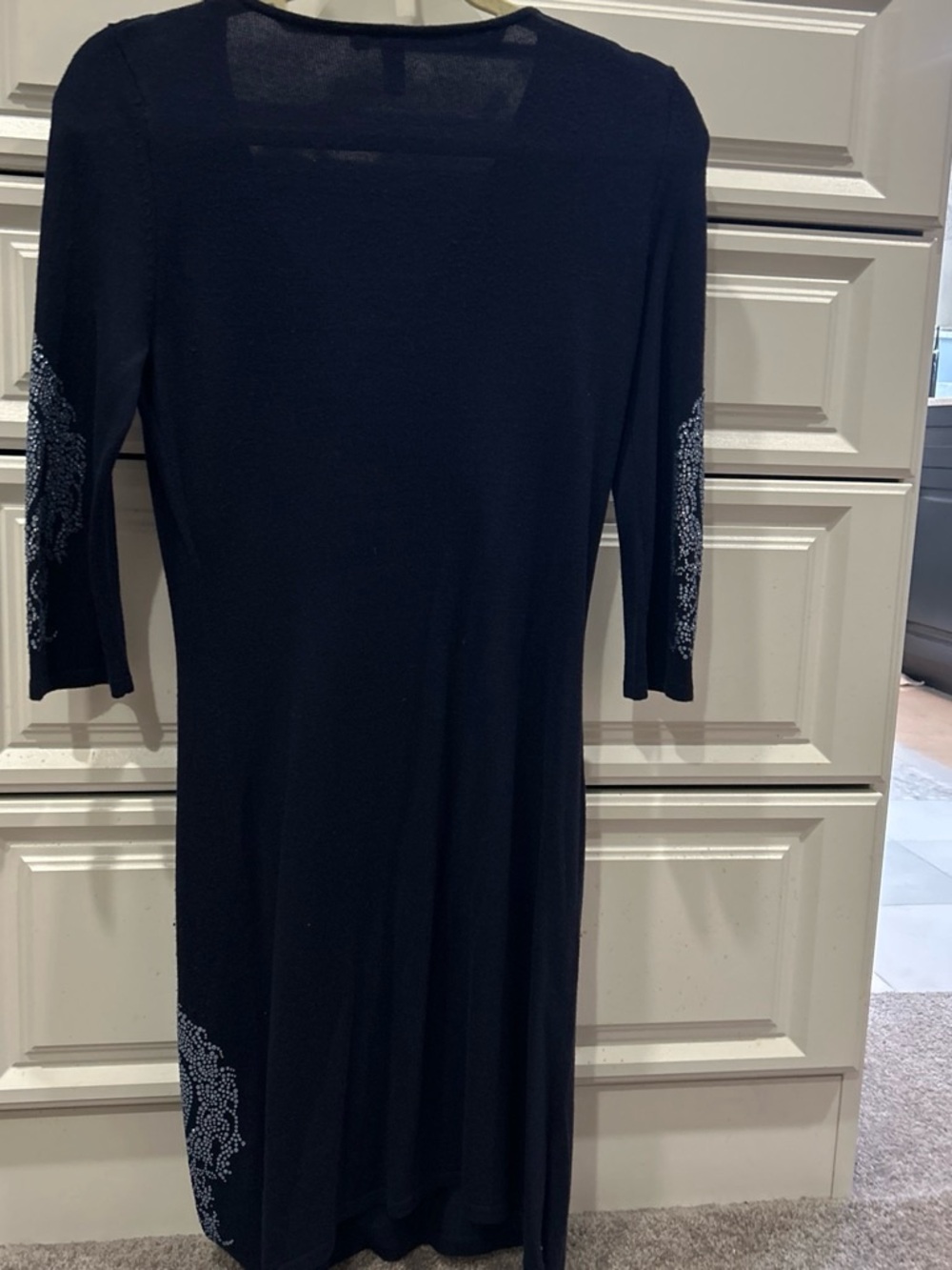 Navy Blue Long Sleeve Cashmere Dress with Blue Rhinestone Embellishment